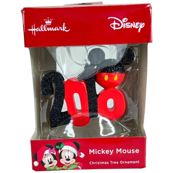 2018 Mickey Mouse Christmas Ornament Ears New In Box Red Box Black Glitter - Picture 1 of 5